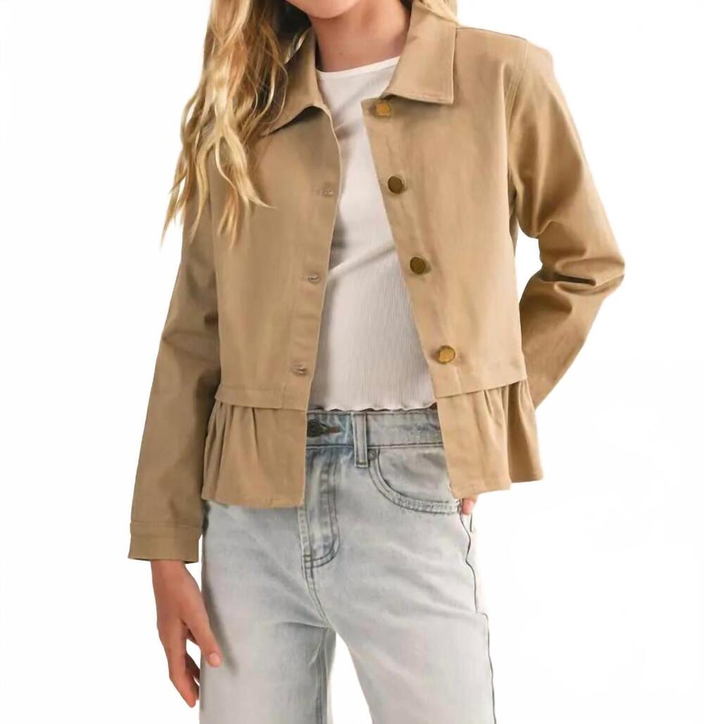 NEW HEART AND ARROW girls ruffle playdate jacket in taupe